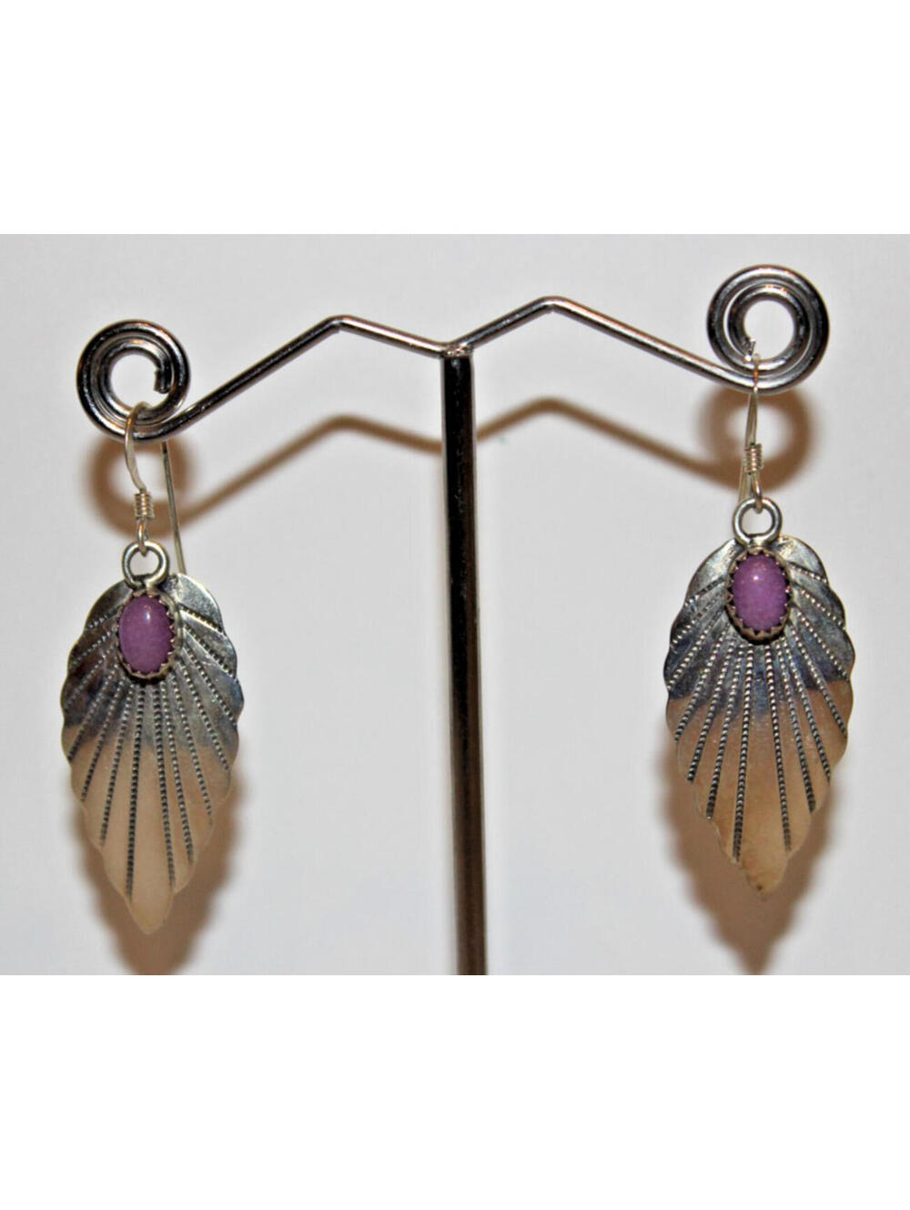 KF 925 Sterling Silver Lavender Jade Feather Dangle Earrings 1-7/8" Vintage